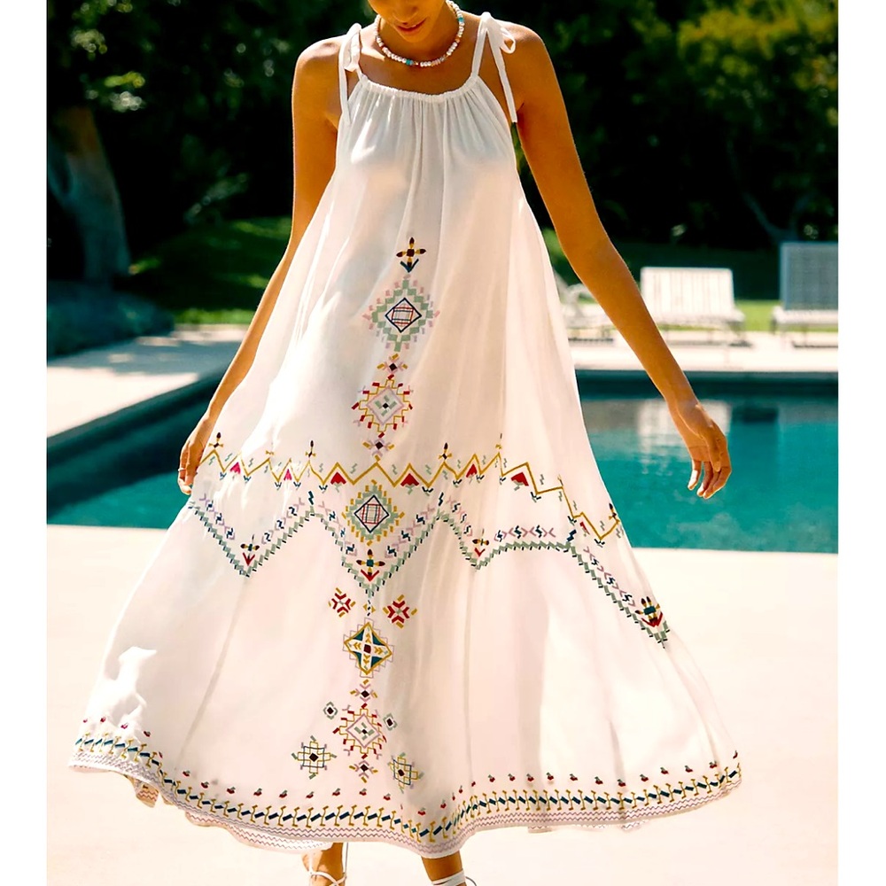 By Anthropologie Embroidered Floral Maxi Dress, tie straps NWT Size X-Large